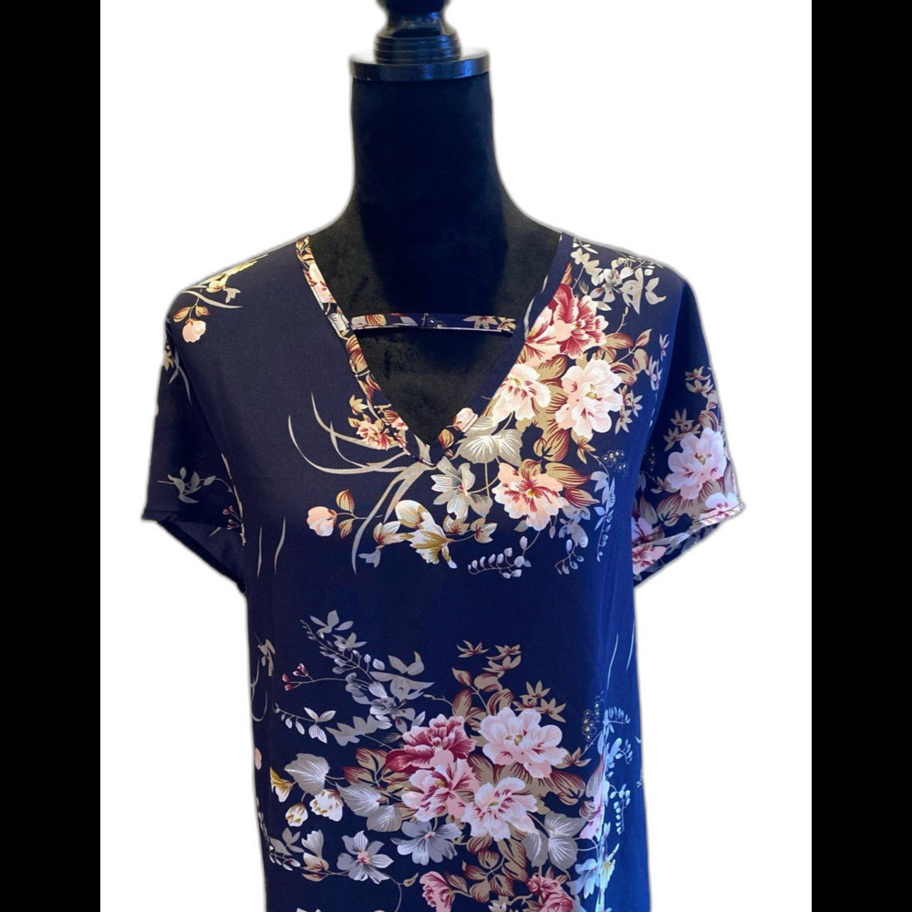 Navy Floral Dress Swimsuit Coverup Size ? 1 to 2‎ X see measurements Silky Feel